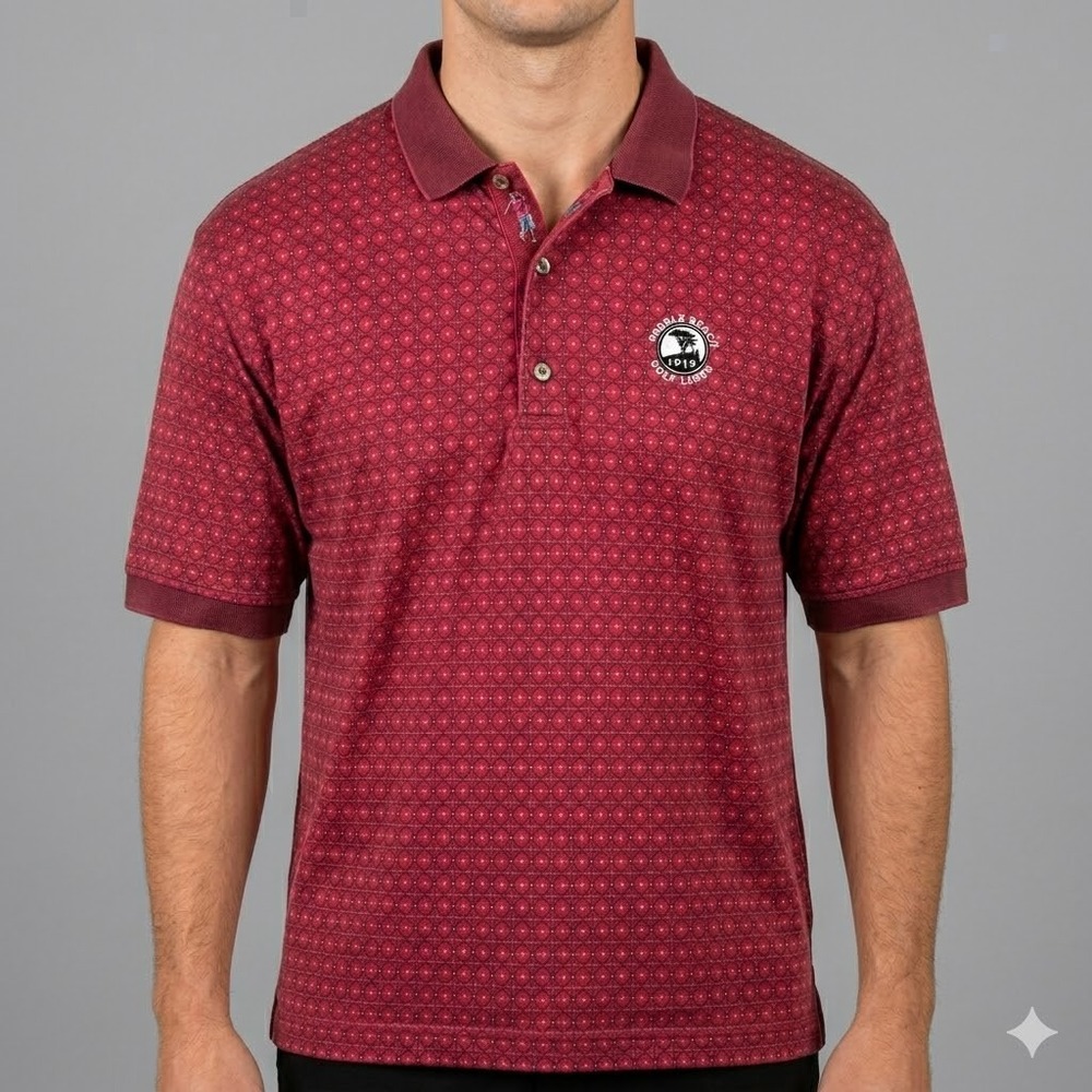 Bobby Jones Pebble Beach 1919 Golf Polo Geometric Embroidered Large Maroon EUC